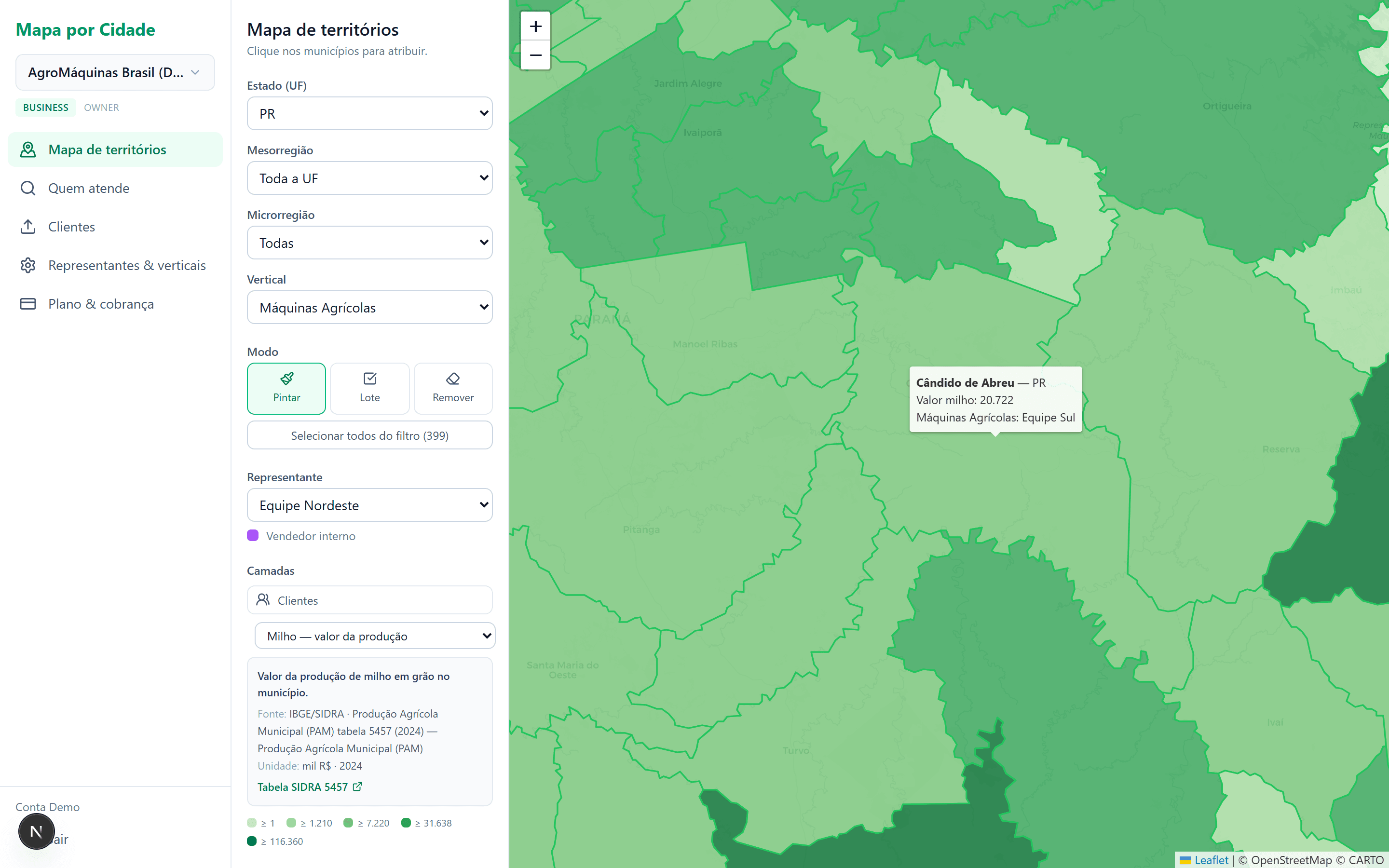 Detalhe de município no Paraná com o valor da produção de milho (IBGE)