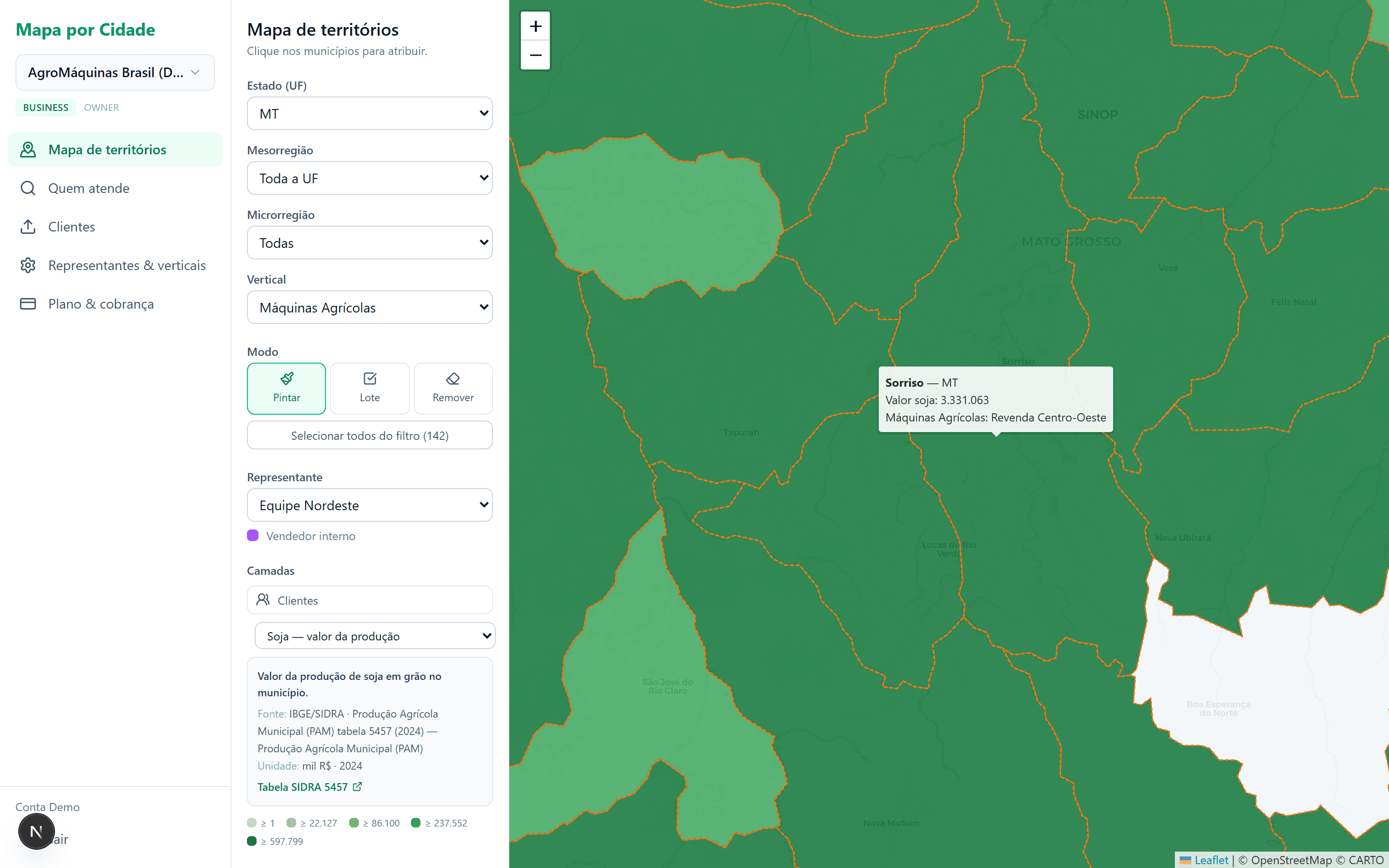 Detalhe de município no Mato Grosso com o valor da produção de soja (IBGE)