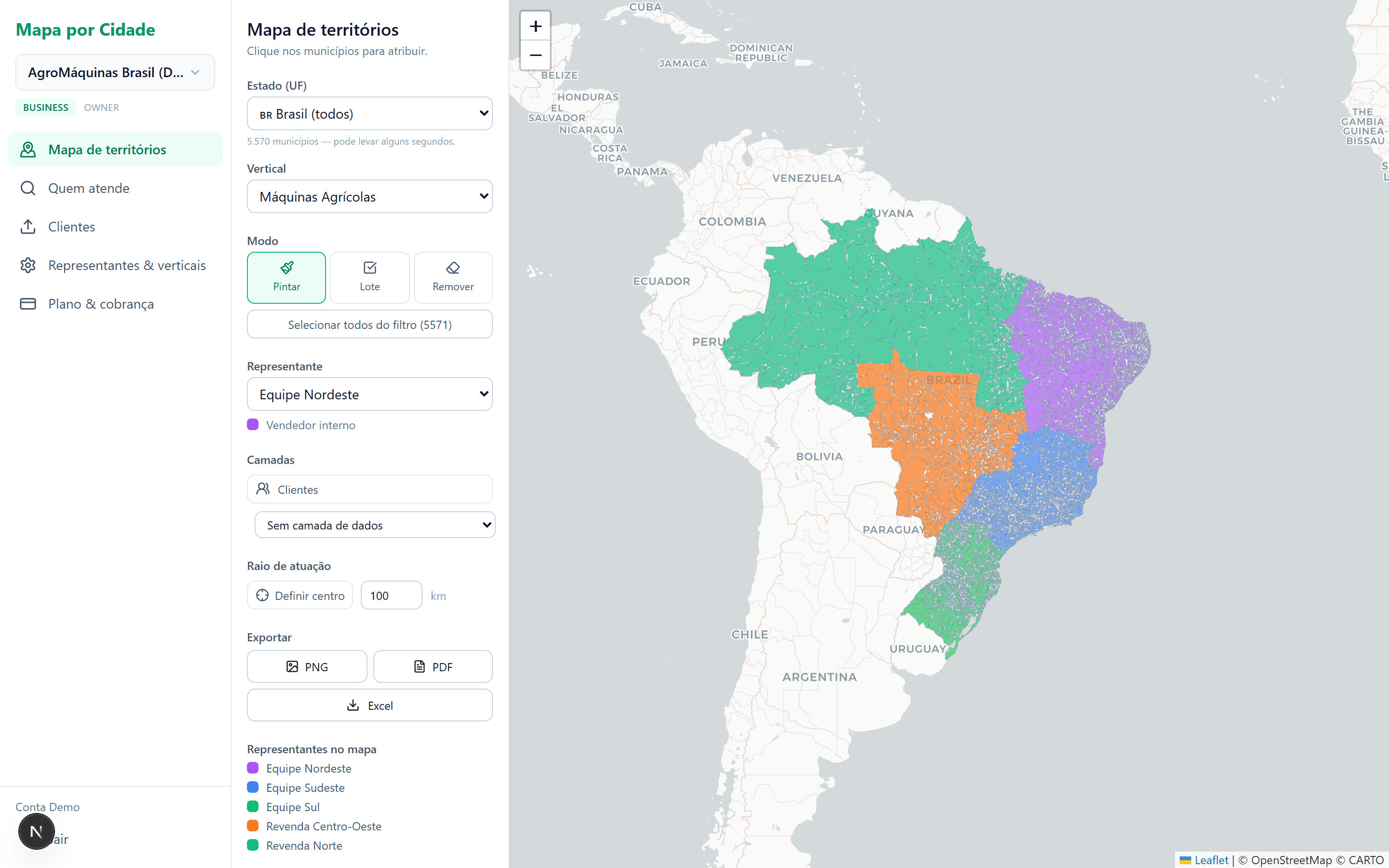 Mapa de territórios comerciais por município no Mapa por Cidade